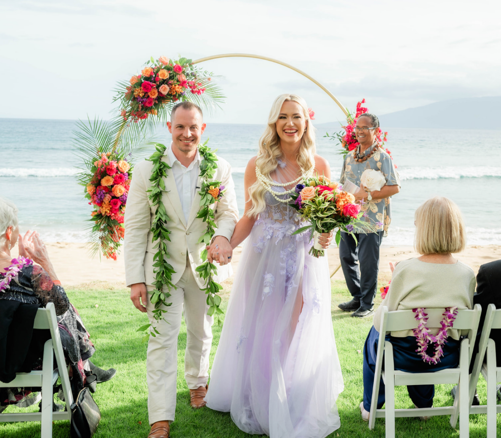 Maui wedding white couple walking down the aisle