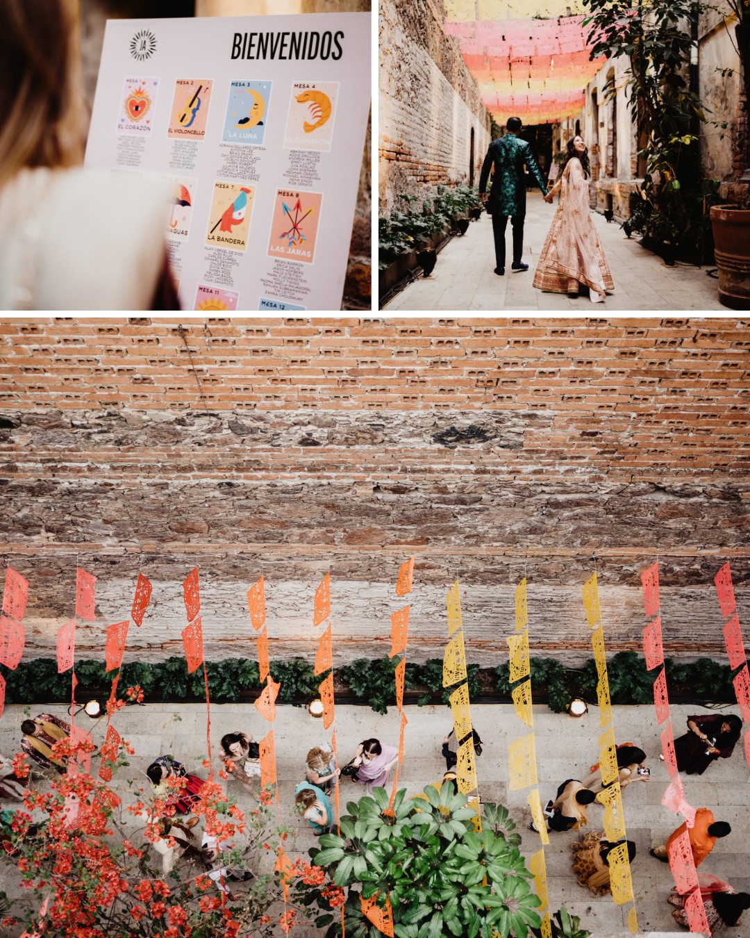 A wedding scene with a welcome sign and guests walking beneath colorful banners in a rustic, outdoor venue with brick walls.