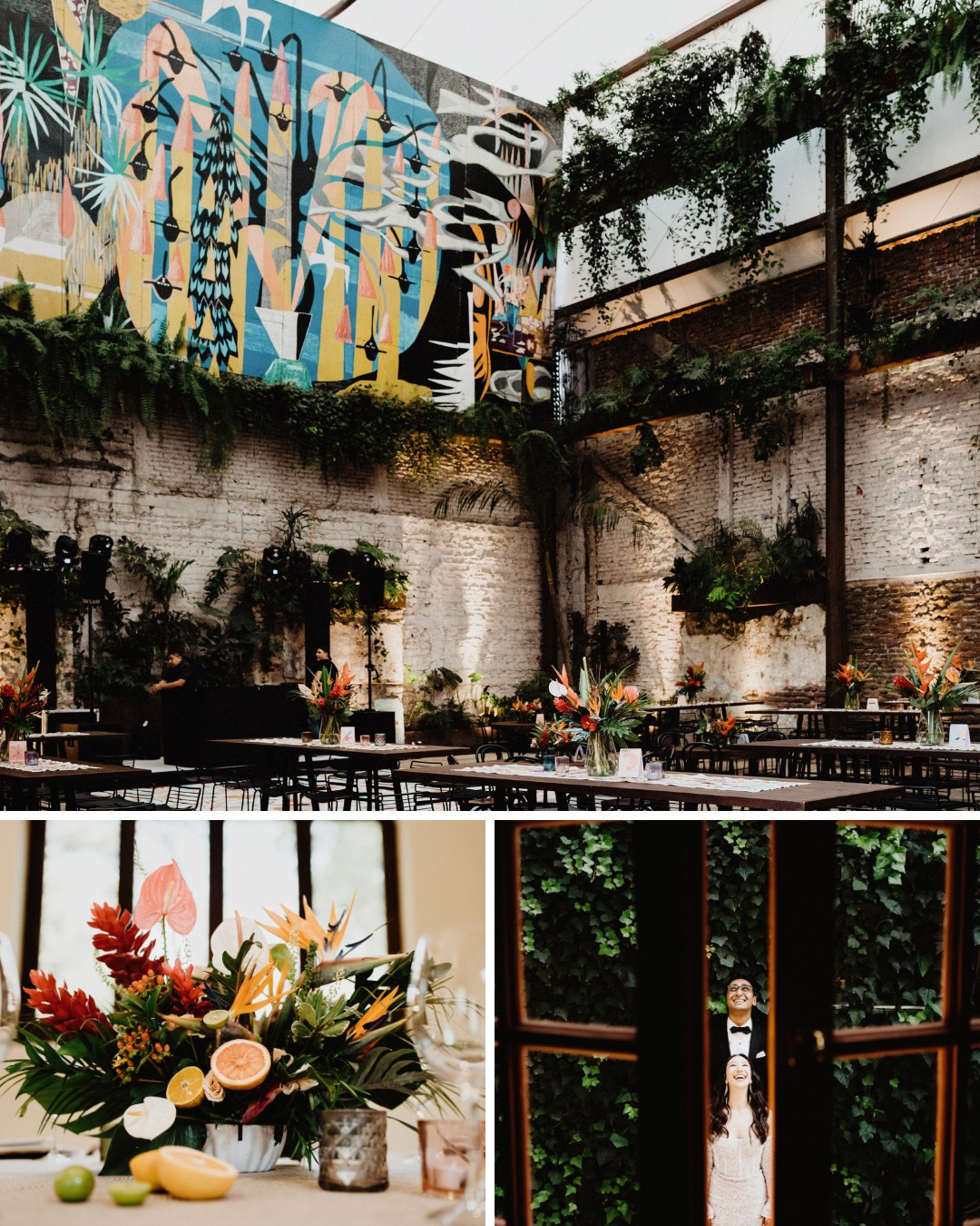 A venue with a vibrant mural and greenery, filled with tables and chairs. Below are images of a tropical-themed flower arrangement and a couple standing together, viewed through glass doors.