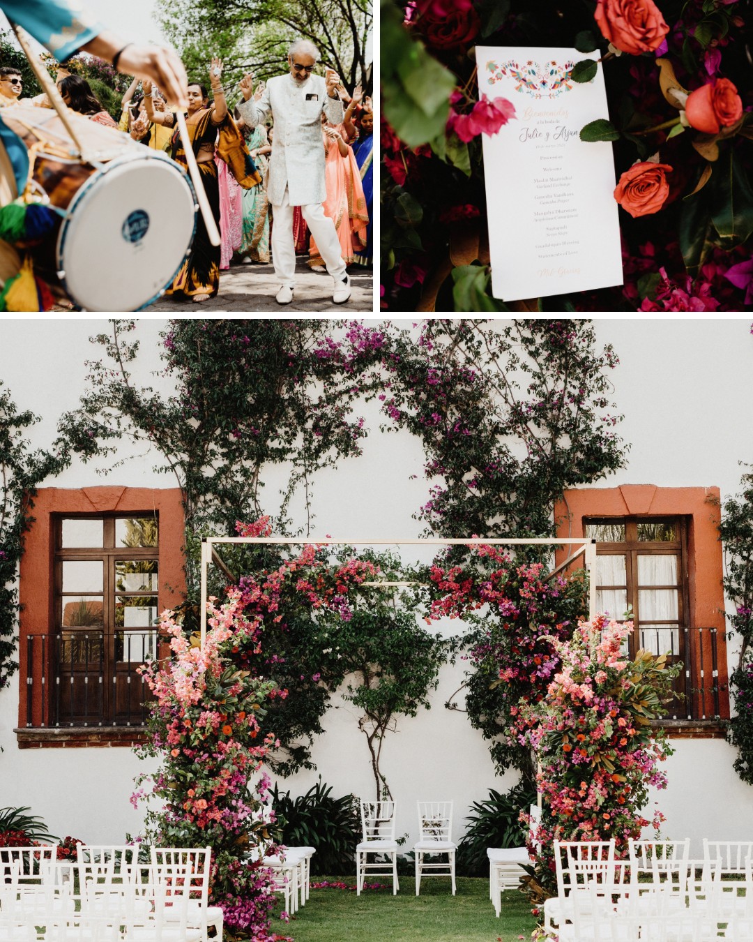 A wedding collage showing a traditional drumming procession, a floral wedding program, and a decorated outdoor ceremony space with floral arch and white chairs.