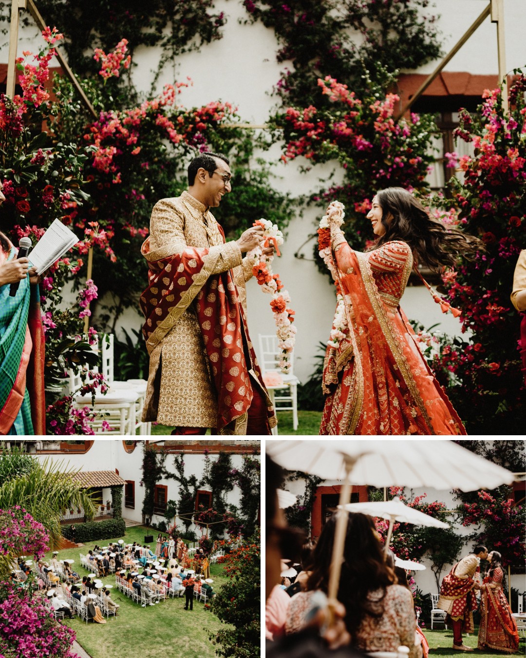 A couple in traditional attire exchanging garlands during a wedding ceremony in a garden with vibrant flowers and guests seated, viewed from above and up close.