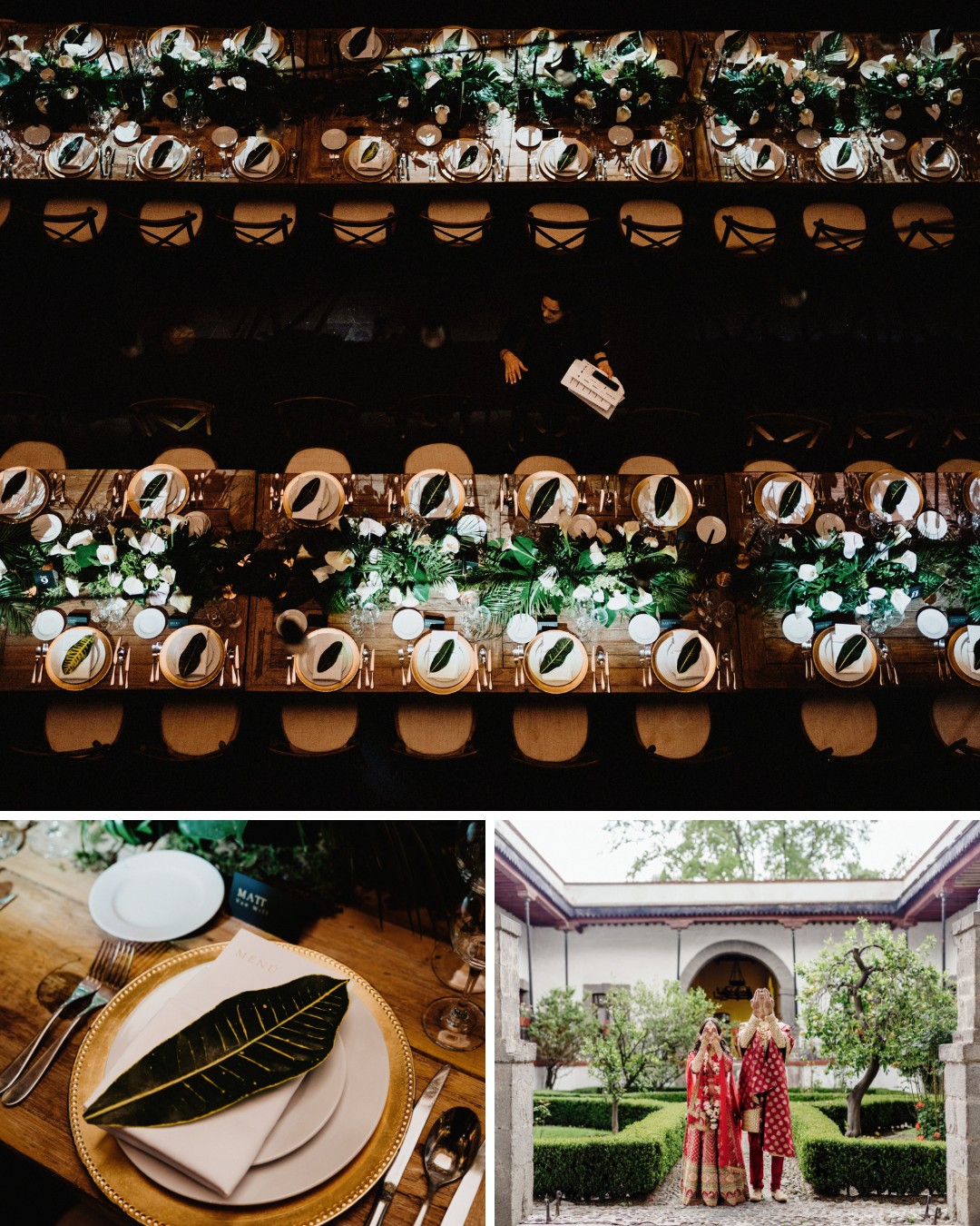 A collage of three images: an overhead view of a long banquet table with green foliage, a close-up of a place setting with a leaf, and two people in traditional attire in a garden courtyard.