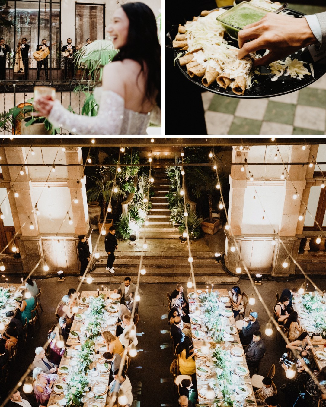 A collage showing a balcony view with a woman holding a drink, a close-up of food preparation, and a long table set for an outdoor evening event with string lights overhead.