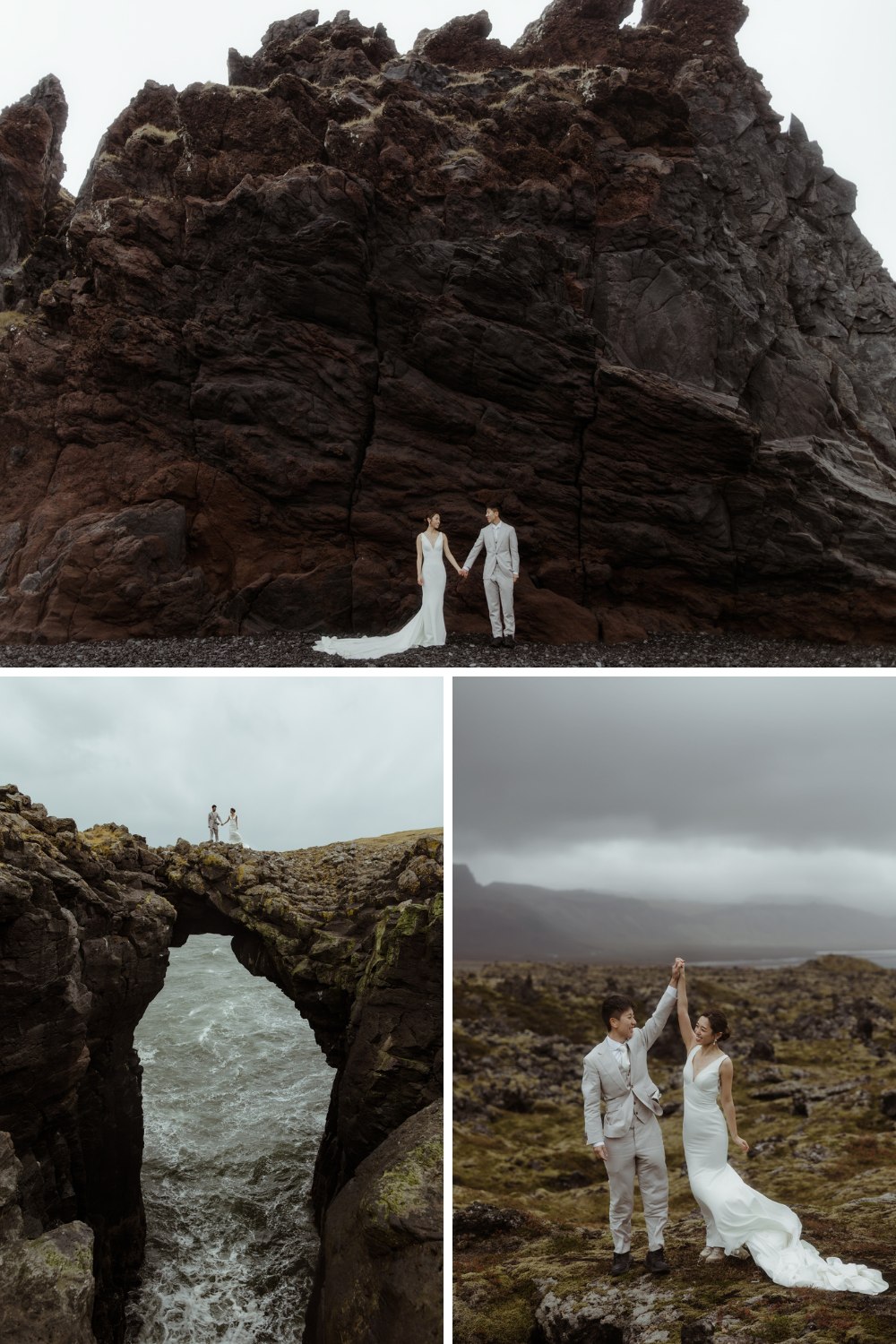 A couple in wedding attire pose in front of rocky cliffs, holding hands. Second image shows them standing on a stone arch over the sea. Third image features them in a mossy landscape.