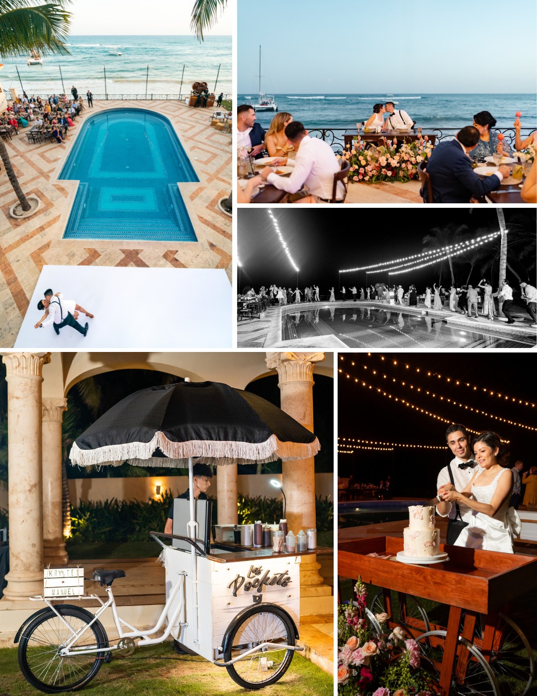 Collage: poolside wedding ceremony, a couple dining by the ocean, guests dancing under string lights, a gelato cart, and a couple cutting a wedding cake at night.