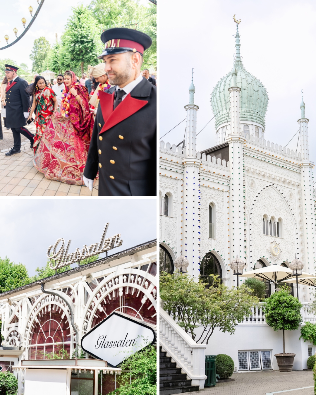 Collage of an event with people in traditional attire, a person in a uniform, the ornate entrance of Glassalen, and a building with Middle Eastern architecture.