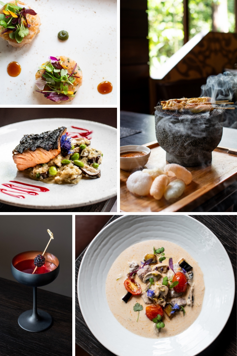 A collage of five images: assorted gourmet dishes including seafood, grilled skewers, a salmon plate, a cocktail in a black stem glass, and a creamy pasta dish with vegetables.