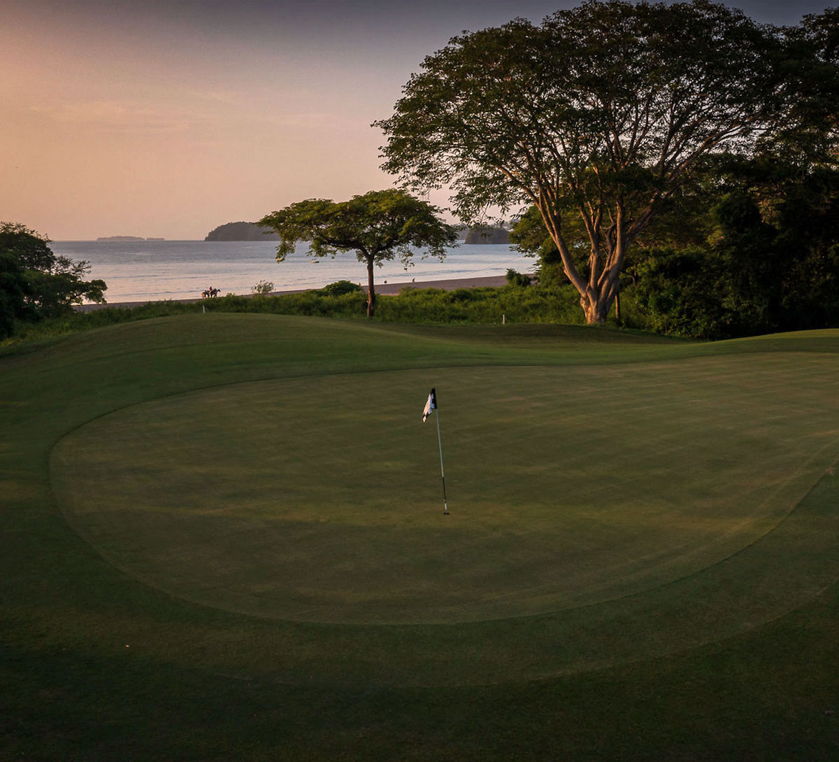 A golf course green with a flagstick is shown at sunset, overlooking a body of water and surrounded by trees.