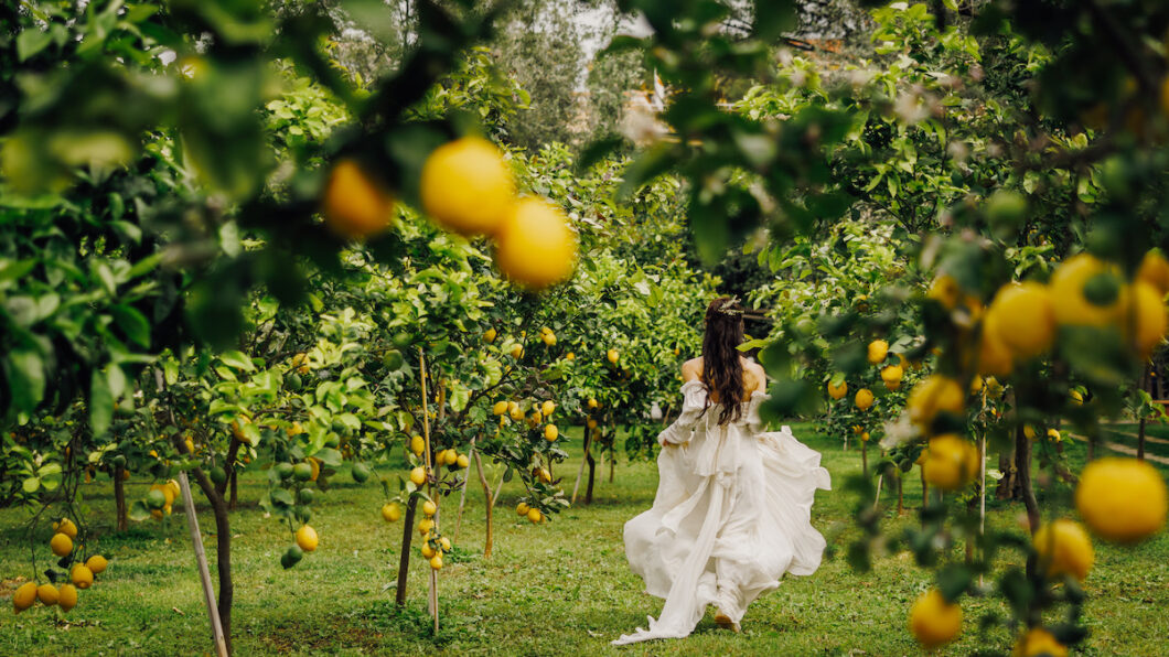 A person in a flowing white dress moves through a lemon orchard, surrounded by green foliage and yellow lemons.