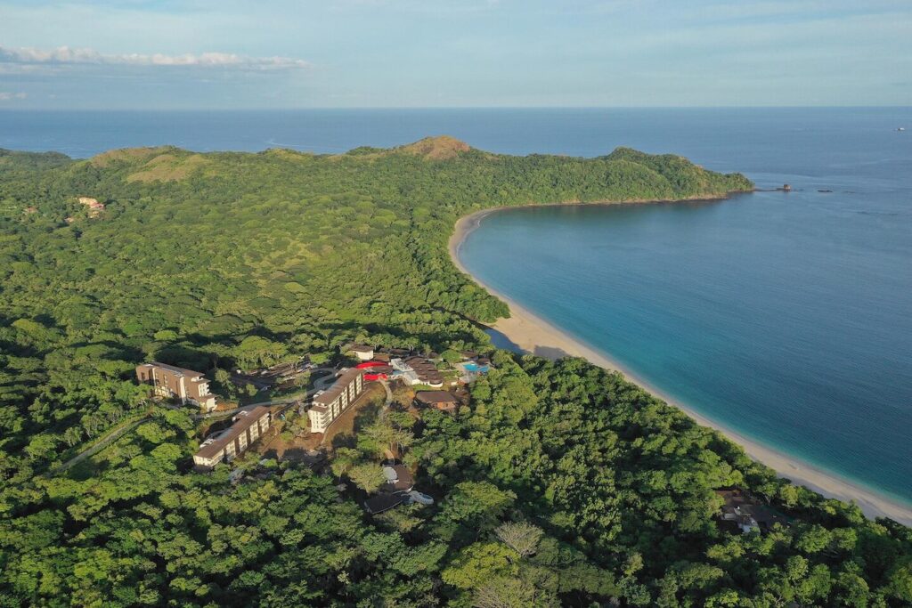 Aerial view of a lush, green forest surrounding a resort near a secluded beach with turquoise waters and a gently curving coastline under a clear sky.