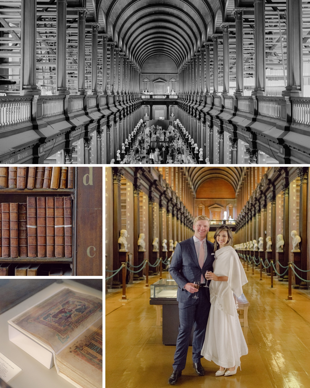 Collage of four images featuring an ornate library: a wide shot of the library's arched ceiling and shelves, close-up of book spines, a couple posing inside, and a book on display.