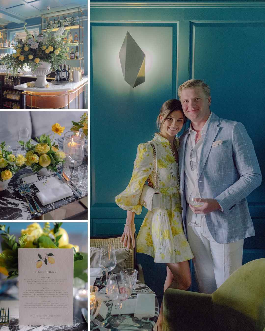 A couple stands together smiling in a teal room, with a collage featuring a floral-decorated table setting, menu card, and bar area with yellow and green floral arrangements.