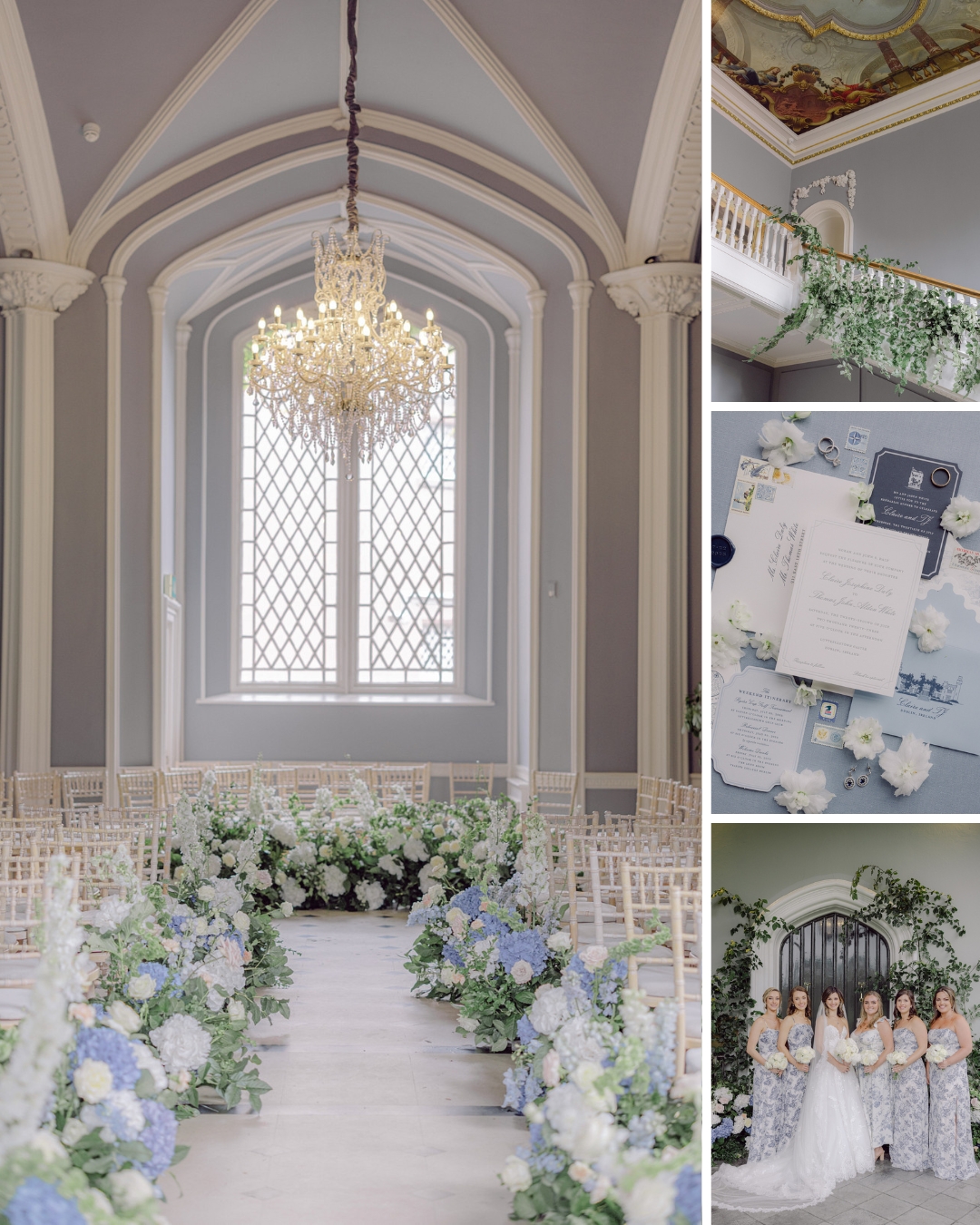 A wedding ceremony setup with a chandelier, rows of chairs adorned with white flowers, and a large window. Collage includes wedding invitations and bridal party posing near an archway filled with greenery.