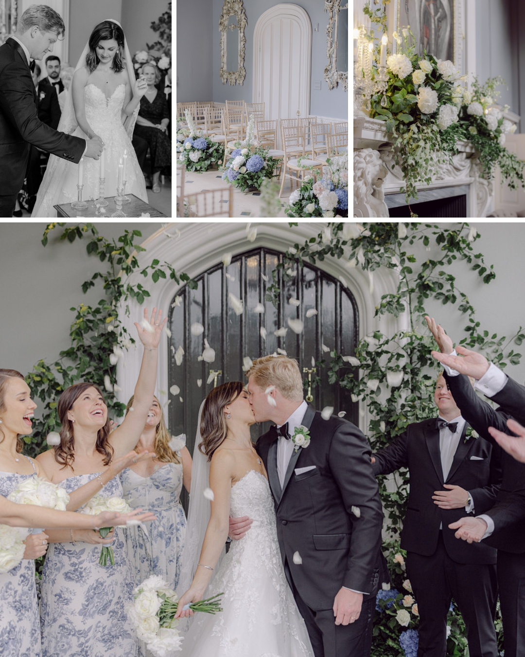 A wedding couple kisses in front of guests who throw flower petals. The collage includes scenes from the ceremony and decorative floral arrangements.