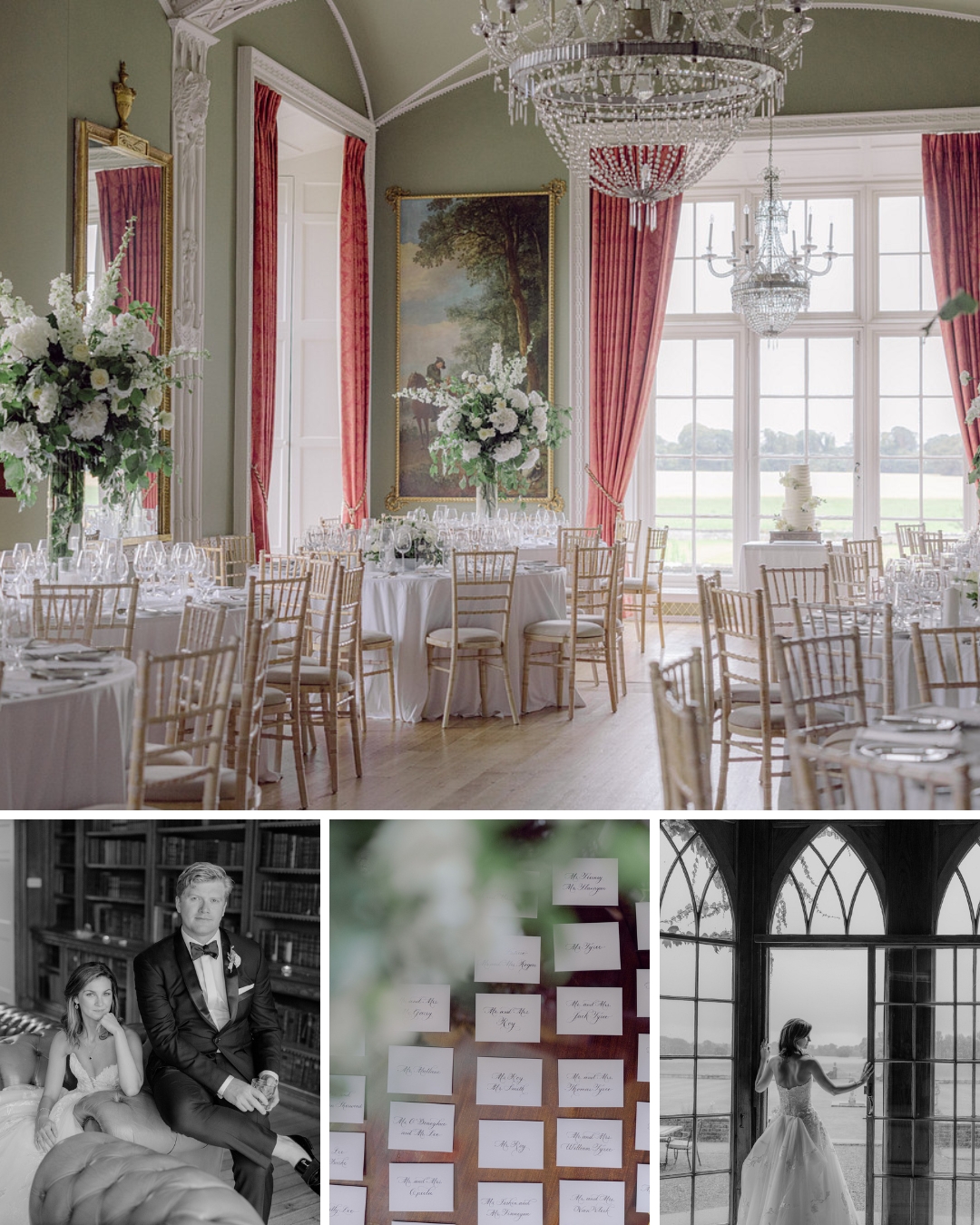 Elegantly decorated wedding reception hall with chandeliers and flower arrangements, a couple seated, name cards on a table, and a bride by large windows.