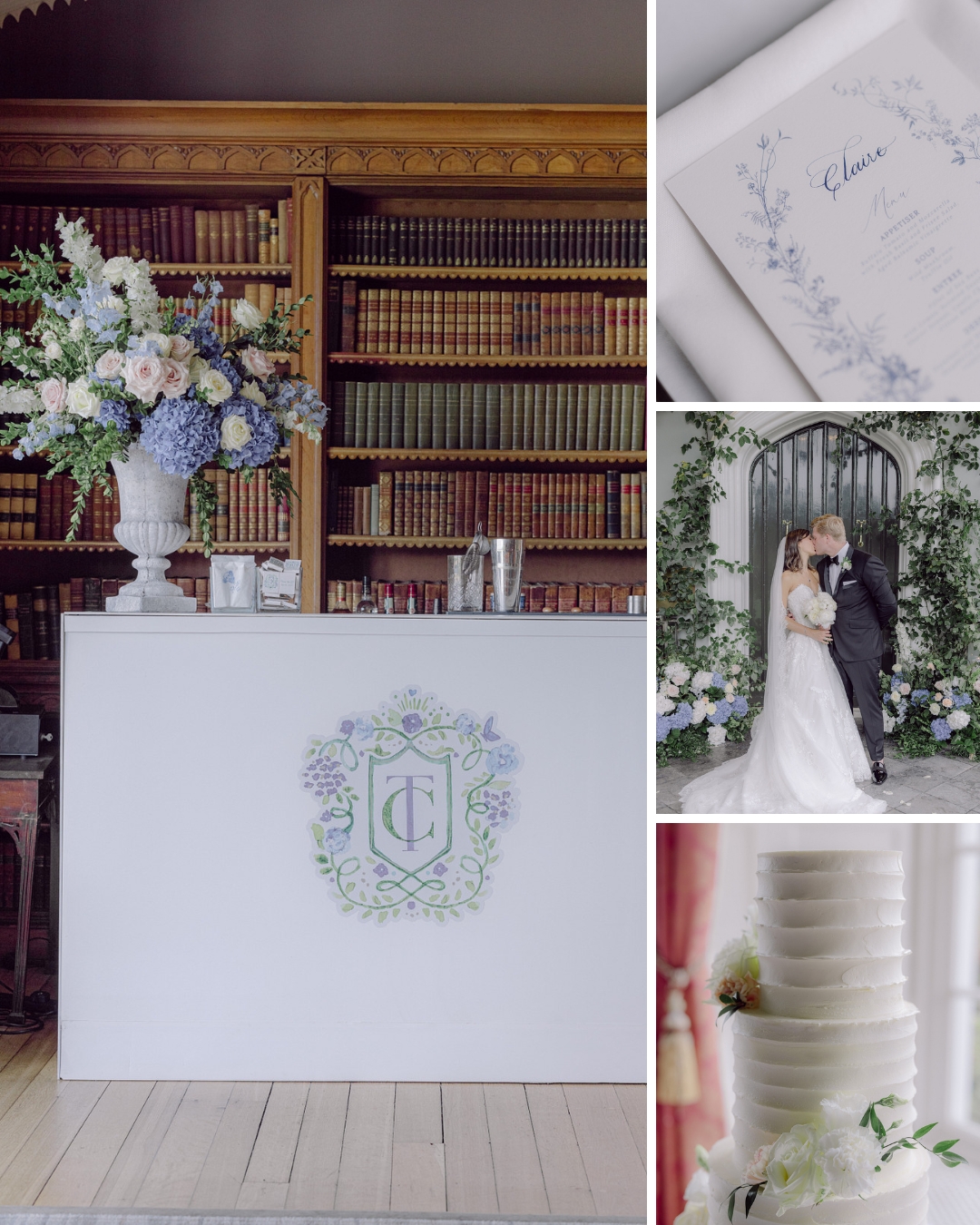 A wedding reception scene with a floral-decorated desk in front of a bookcase, event stationery, a couple kissing, and a white tiered wedding cake with flowers.