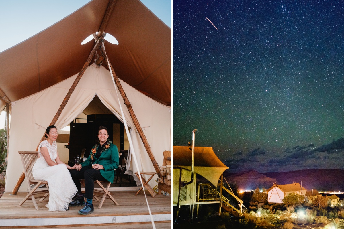 A couple in wedding attire sits outside a tent at dusk on the left; a starry night sky over a tented campsite on the right.