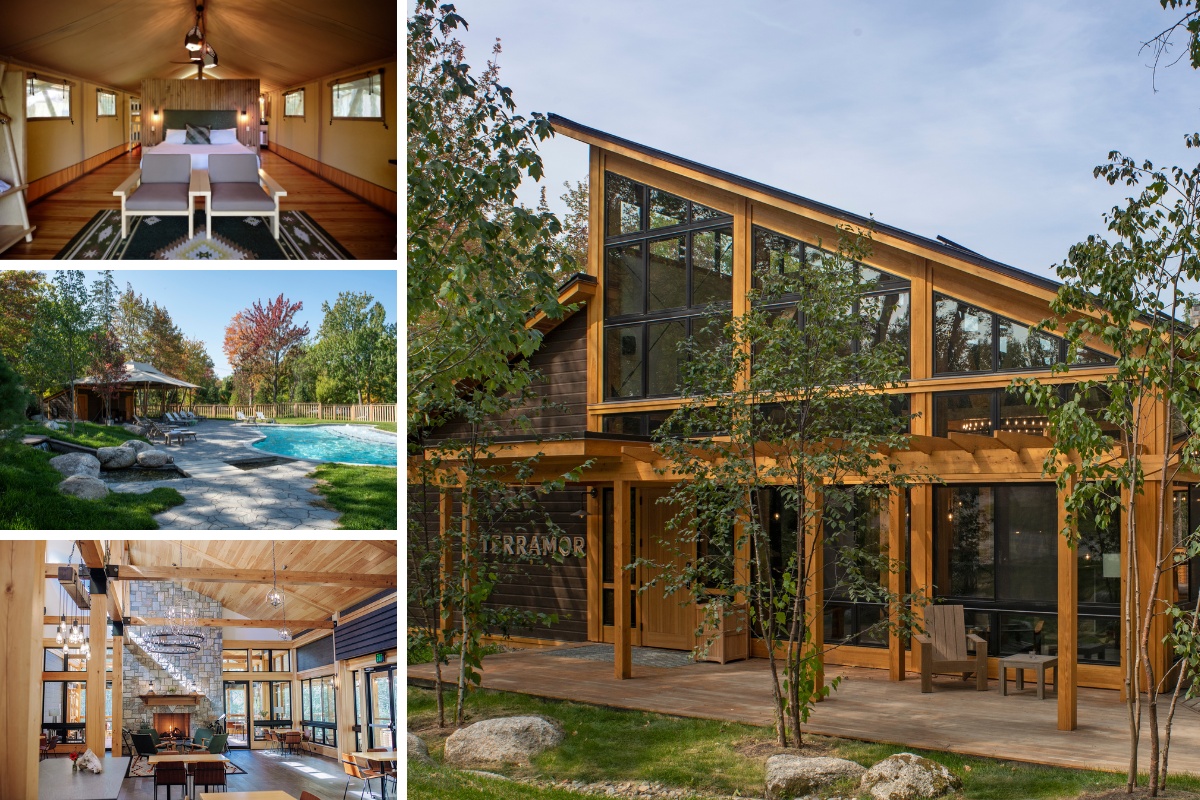 Collage showing a modern cabin-style building, a tented interior with a bed, an outdoor pool area, and a common area with a fireplace and dining setup. Trees and greenery surround the structures.