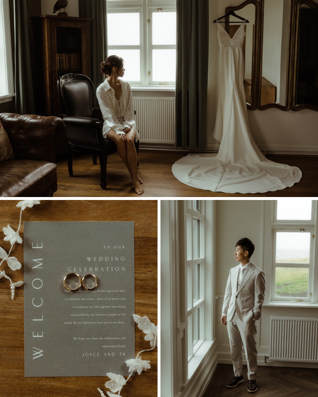 Three images: a bride in white near a hanging wedding dress, a wedding invitation with two rings, and a groom in a white suit gazing out a window.