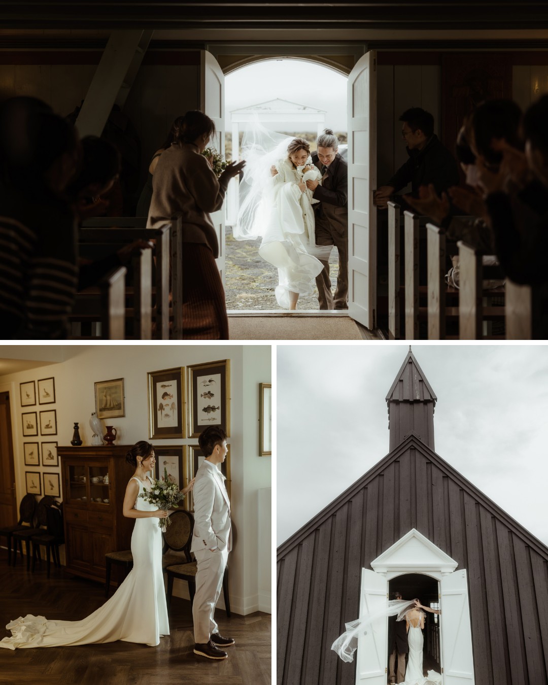 Bride and groom in wedding attire outside a black church. Inside, guests watch the bride walk down the aisle. The bride stands by a groom holding a bouquet in a room with framed pictures.