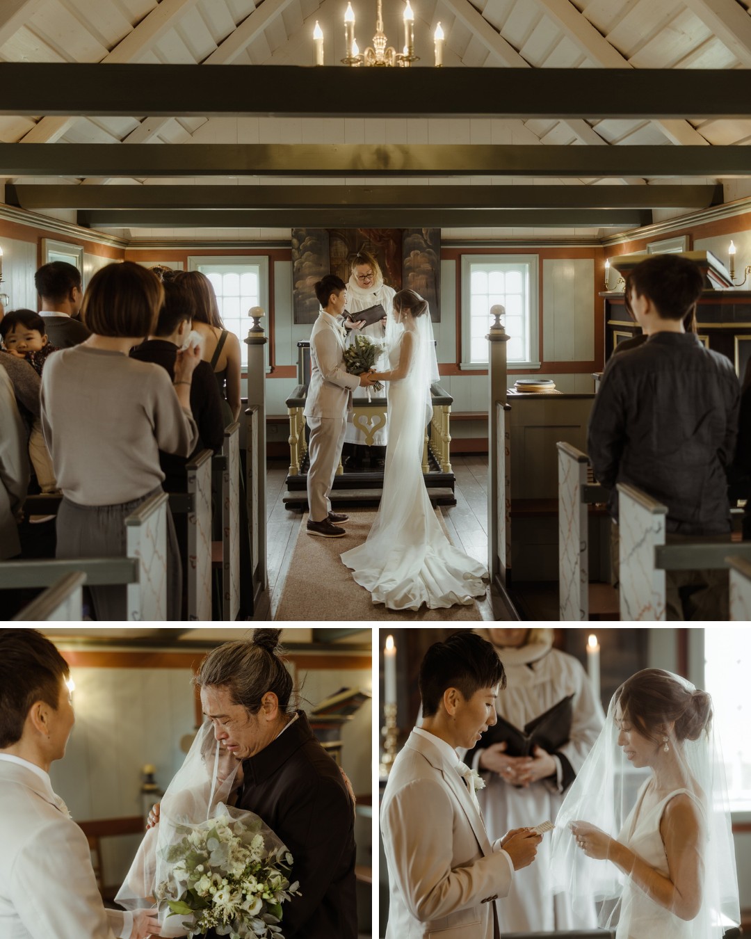 A couple stands at the altar during their wedding ceremony. Additional images show the couple exchanging vows and a person in glasses smiling while holding a bouquet. Guests observe in a small, well-lit chapel.