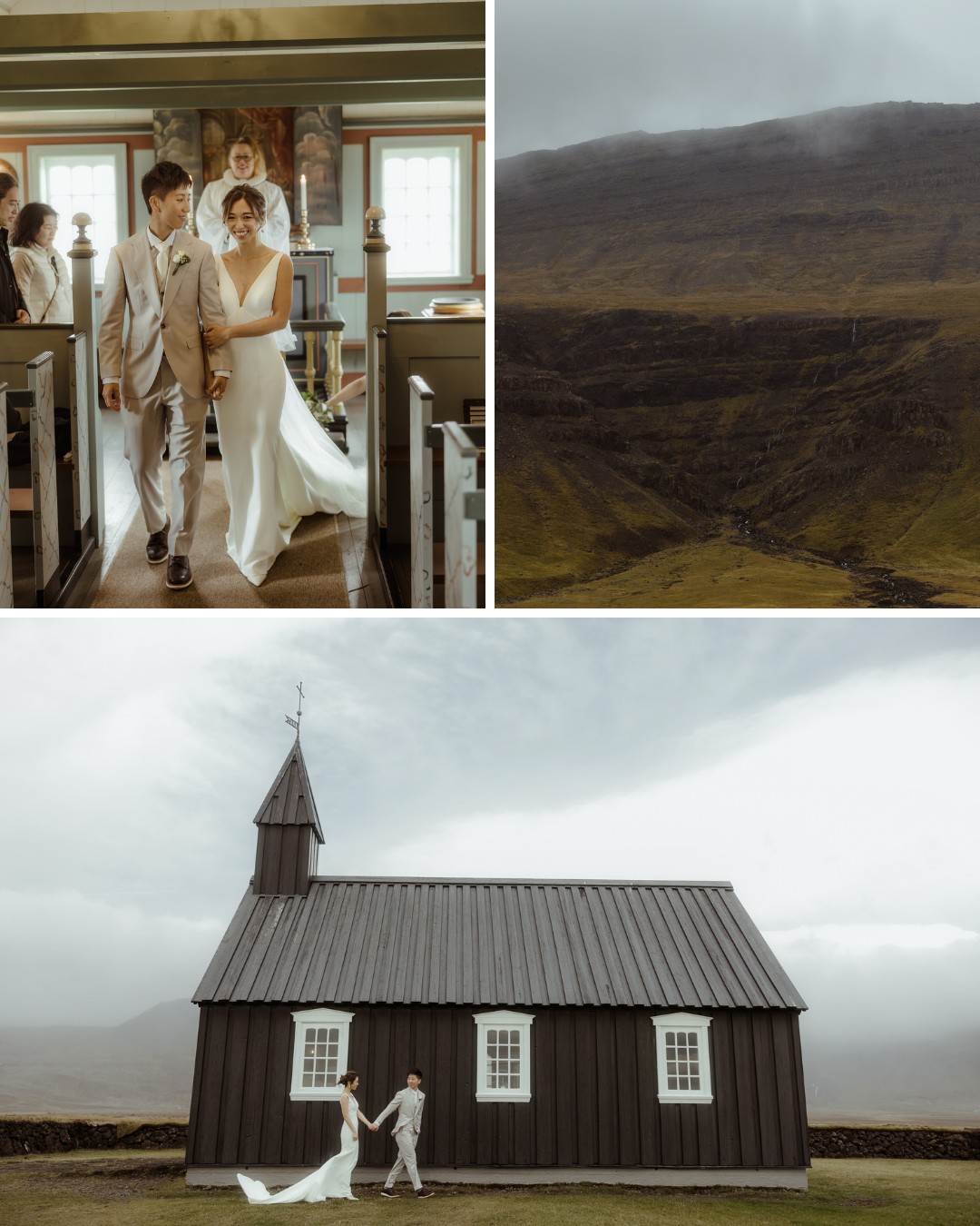 A couple in wedding attire walk down an aisle, stand near a mountainous landscape, and hold hands in front of a small, black church building.