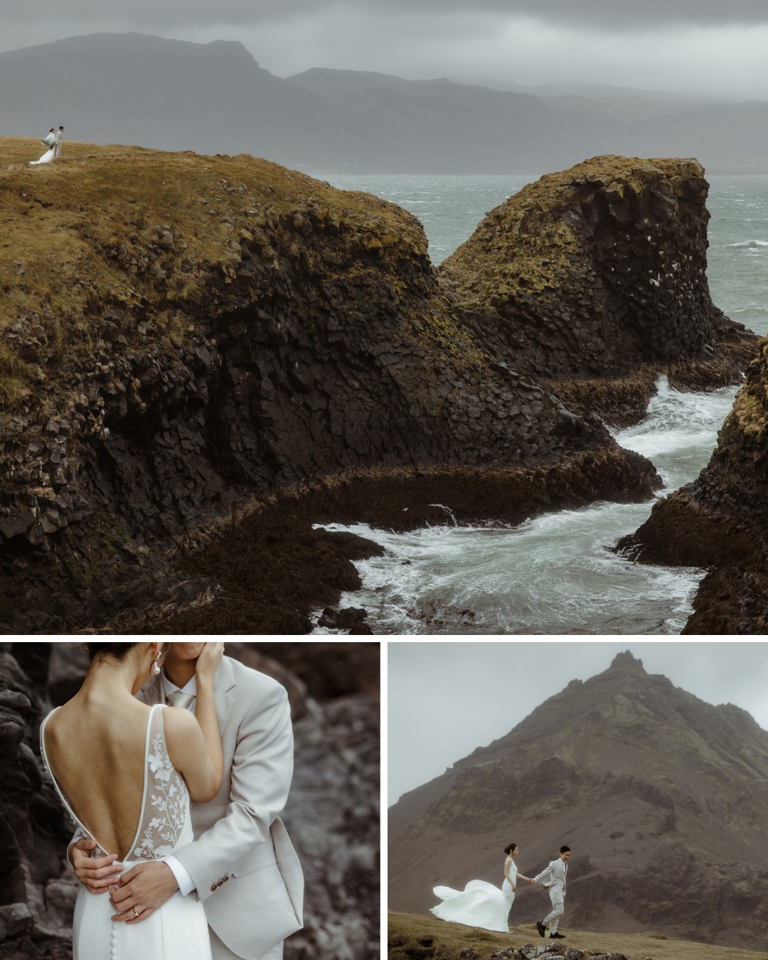 A couple in wedding attire poses on a rocky coastline with the ocean and cliffs in the background, under an overcast sky.