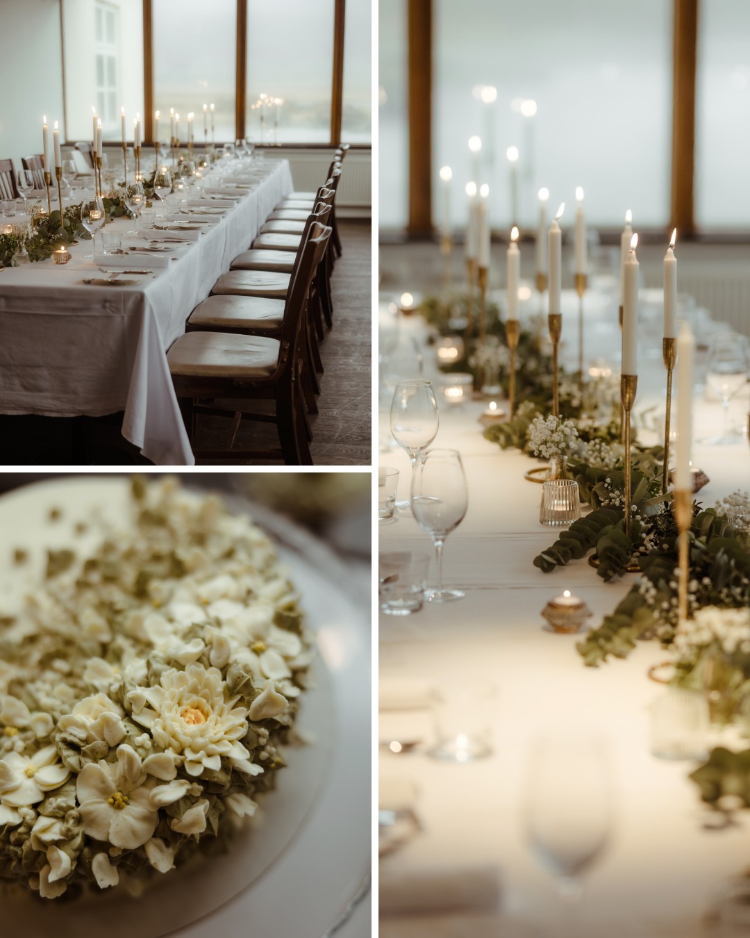 A long dining table with white tablecloths and chairs, adorned with candles, glassware, and floral arrangements. Close-ups show candles and white flowers with green foliage.