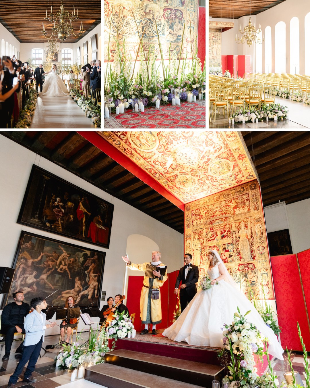 A wedding ceremony in an ornate, high-ceilinged room with large windows, golden chairs, floral decor, and a richly patterned carpet aisle. The couple stands before an officiant, surrounded by attendees.