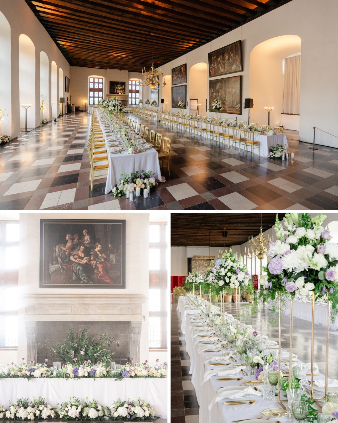 A large, elegant dining room set up for a formal event. Long tables are adorned with white tablecloths, gold chairs, and floral centerpieces. The room features high ceilings and large windows.