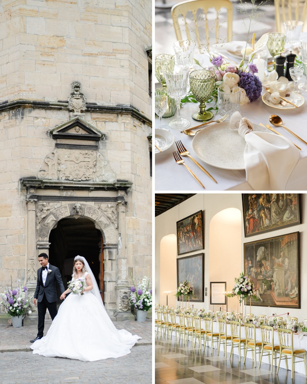 A bride and groom stand outside a stone building, a table is set with elegant tableware, and a large dining room is adorned with floral arrangements and paintings.