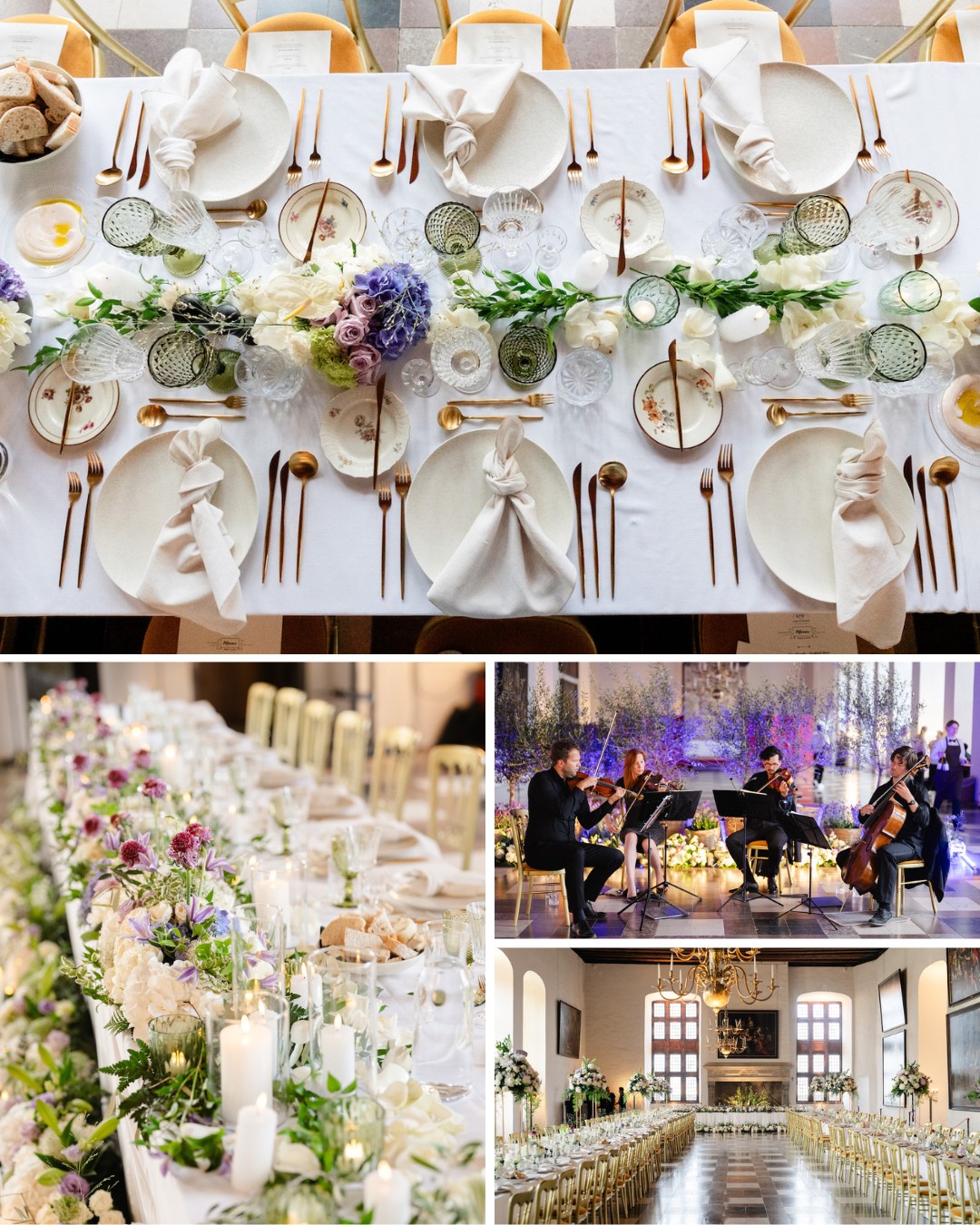 A decorated banquet table with white linens and floral arrangements, a string quartet performing, and a long dining room with elegant place settings and gold chairs.