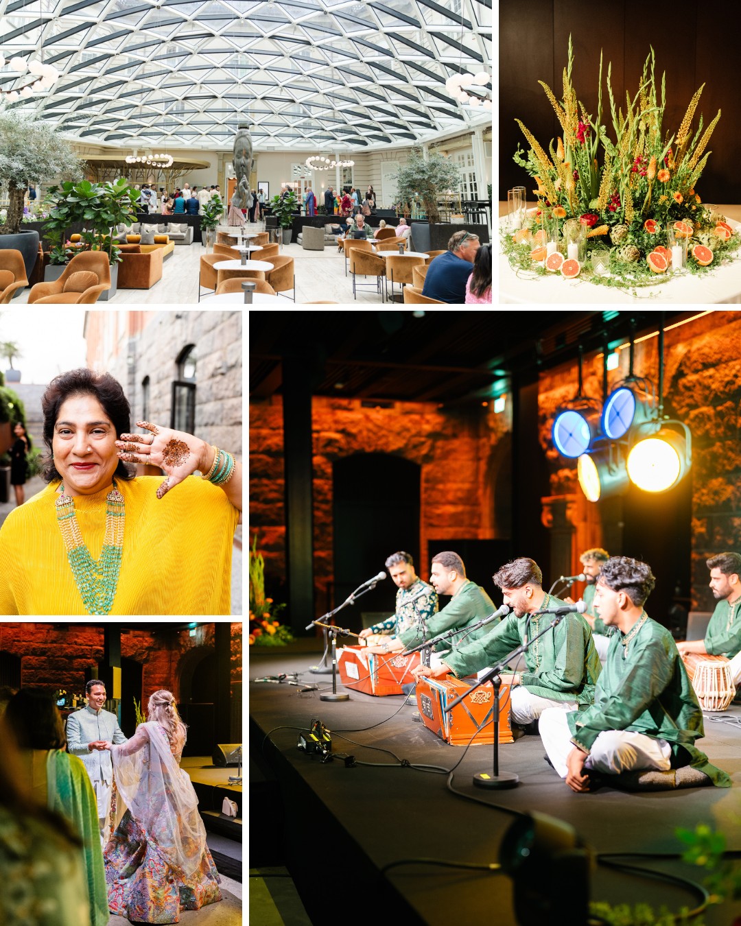 A collage featuring a modern indoor garden, a floral arrangement, a smiling woman in green attire, a traditional musical performance on stage, and people socializing at an event.