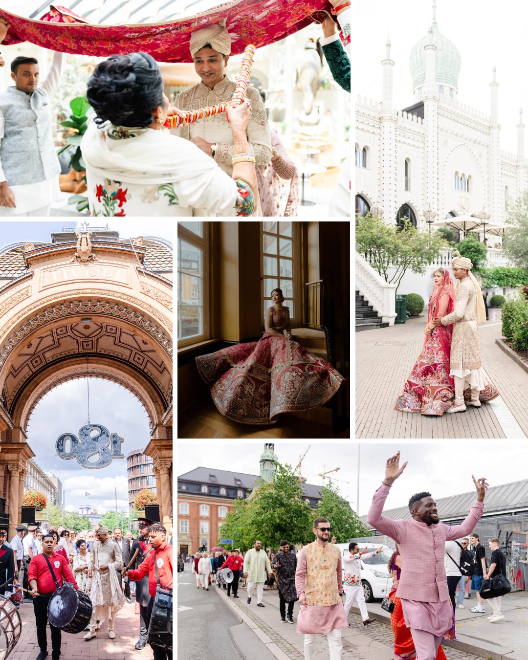 A collage of a traditional wedding featuring a couple in ornate attire, dancing guests, architectural backgrounds, and ceremonial activities.