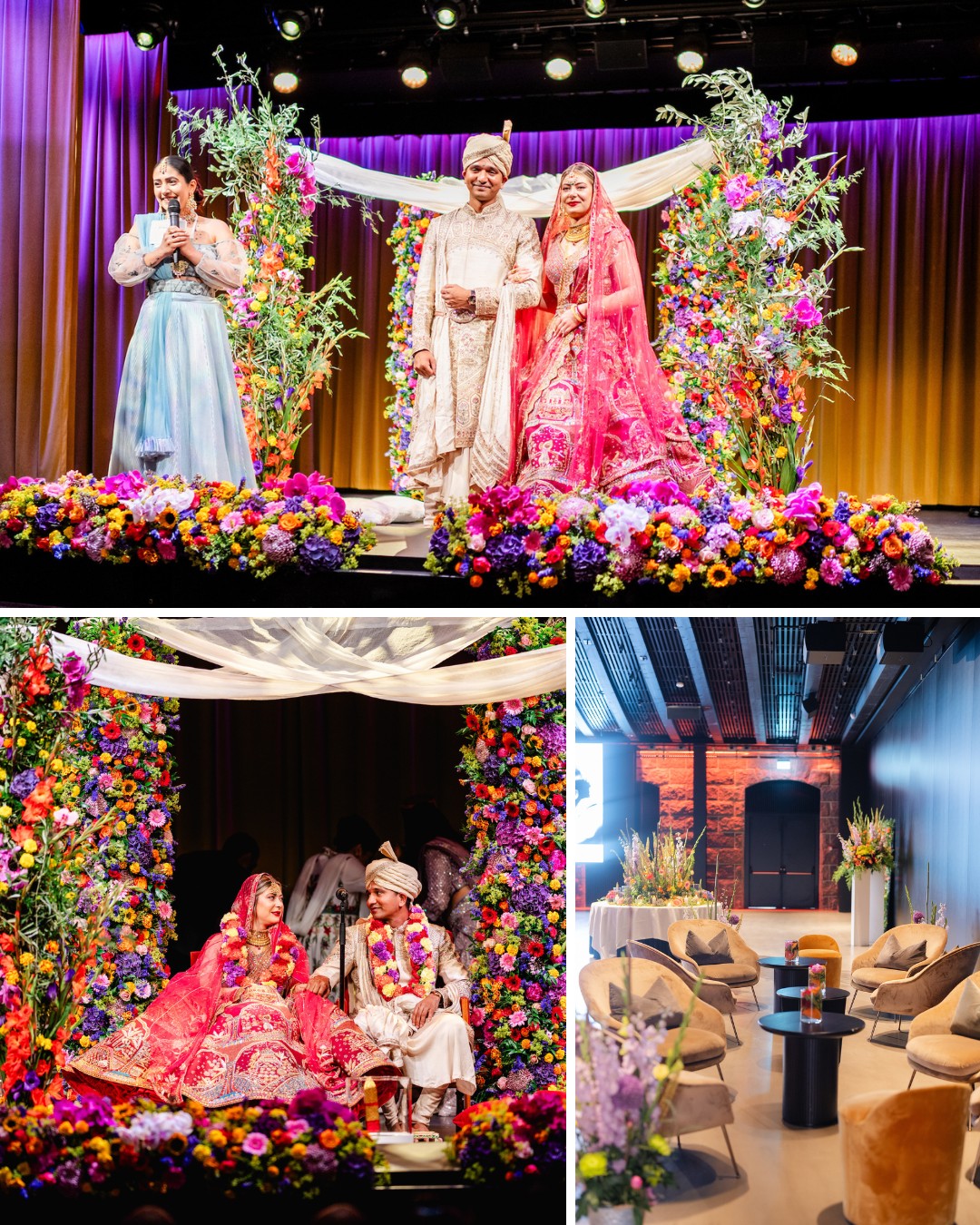 A celebratory gathering outside a decorative building, a stage adorned with vibrant flowers, and a close-up of a colorful floral arrangement.