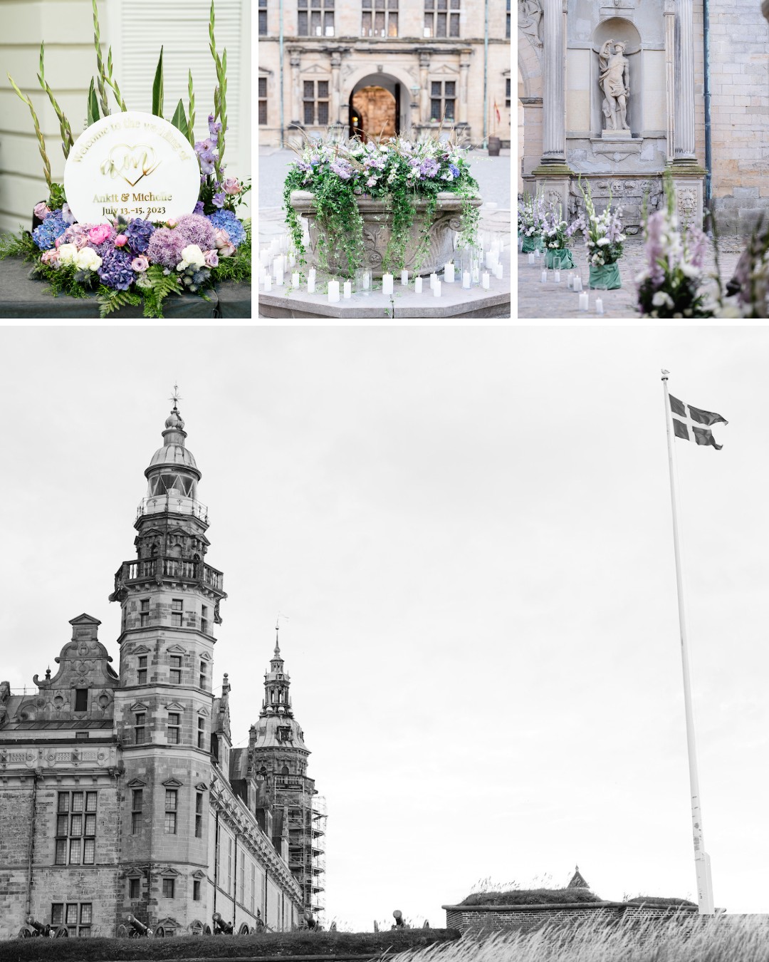 Collage with images of a commemorative display featuring flowers and candles, stone statues on a building's exterior, and a tall historical building with towers and a flagpole.