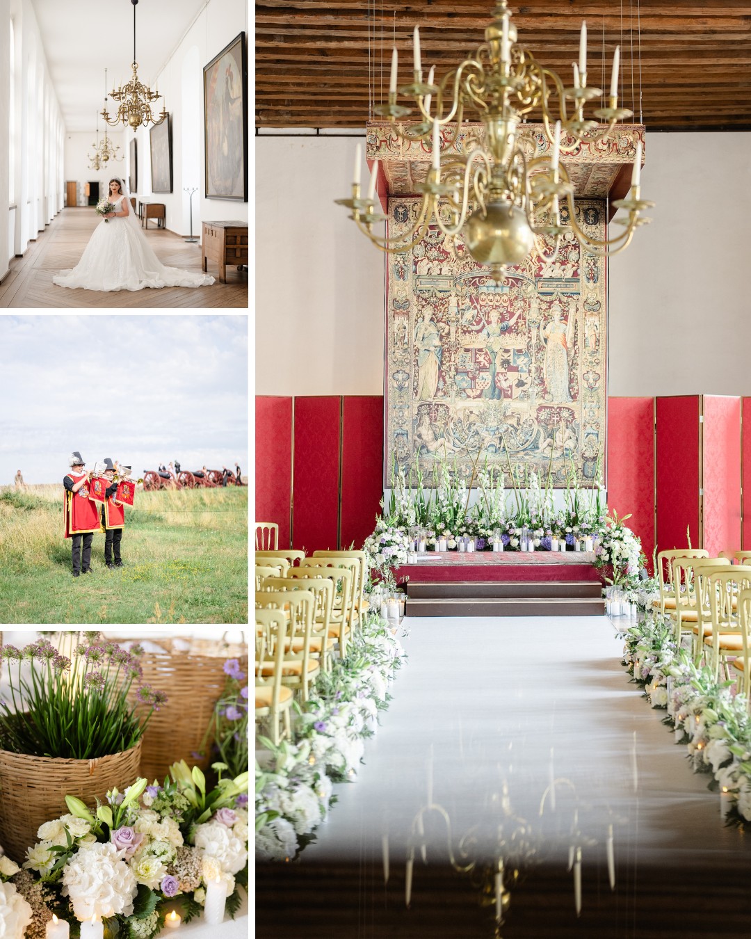 A collage includes a bride preparing, guards on horseback, a floral arrangement, and a lavishly decorated wedding aisle with chairs, floral decorations, and a chandelier under a detailed tapestry.