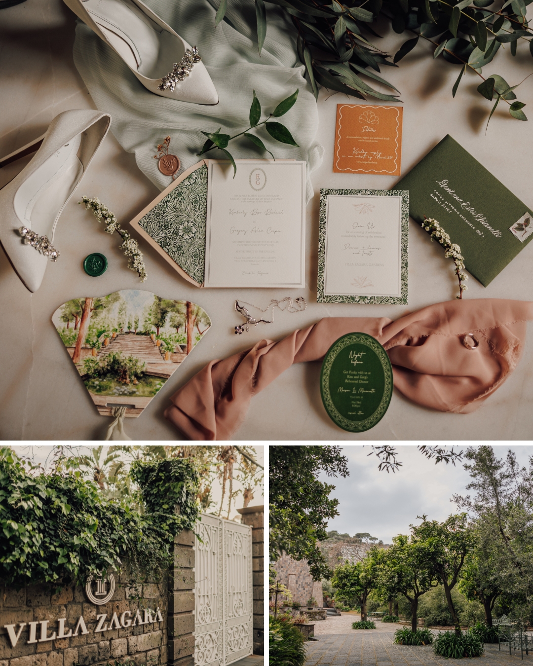 A wedding flat lay featuring stationery, shoes, accessories, and venue cards with floral designs. Below, images of the wedding location, Villa Zagara, showcasing a gated entrance and garden area.