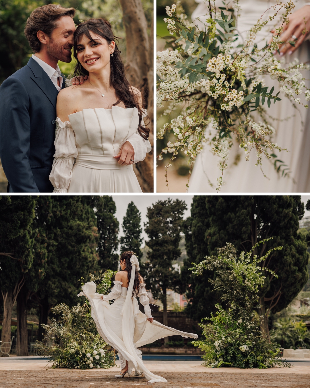 A bride in a white dress stands with a groom in a dark suit, holding a bouquet. Another photo shows her walking with the dress flowing. Green trees and outdoor setting are visible in the background.