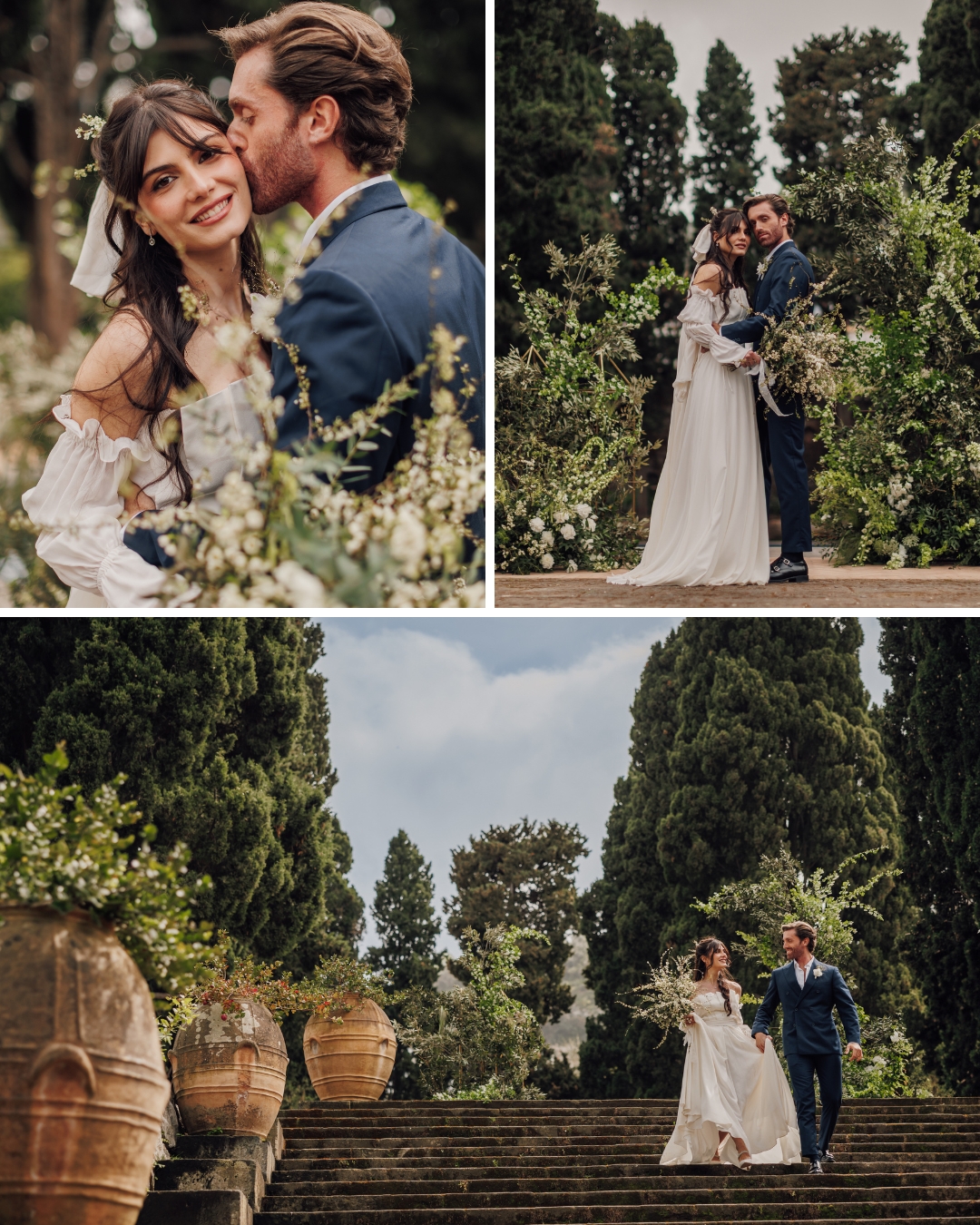 A couple in wedding attire poses affectionately in an outdoor garden setting, surrounded by greenery and large Mediterranean-style pottery.