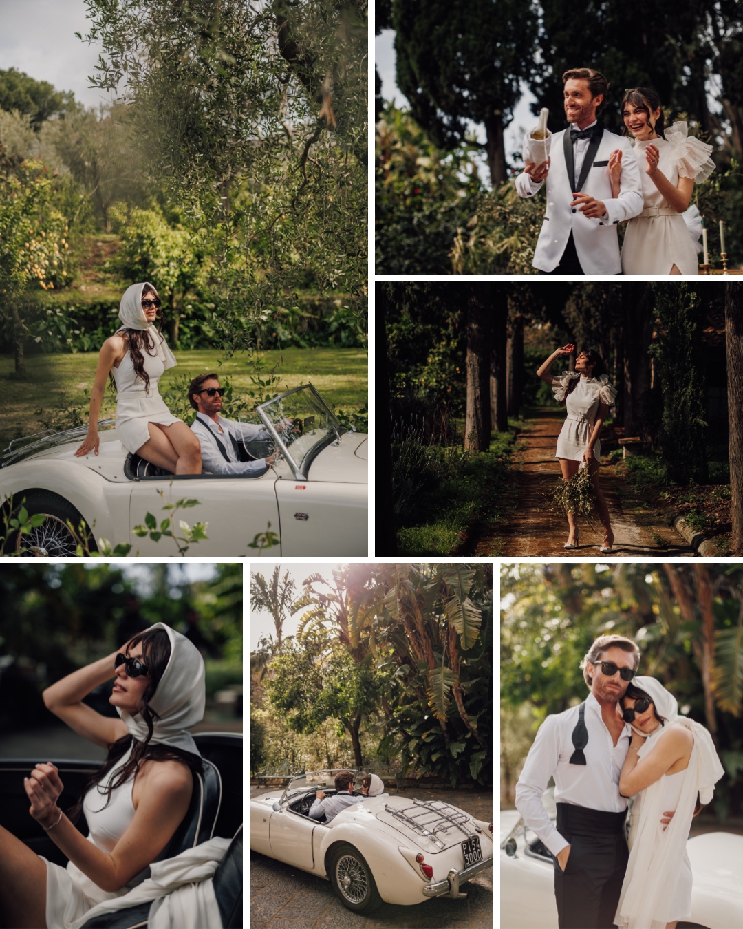 A collage of six images features a couple in formal attire with a white vintage car in a garden setting. They are seen posing in and around the car and strolling through a tree-lined path.