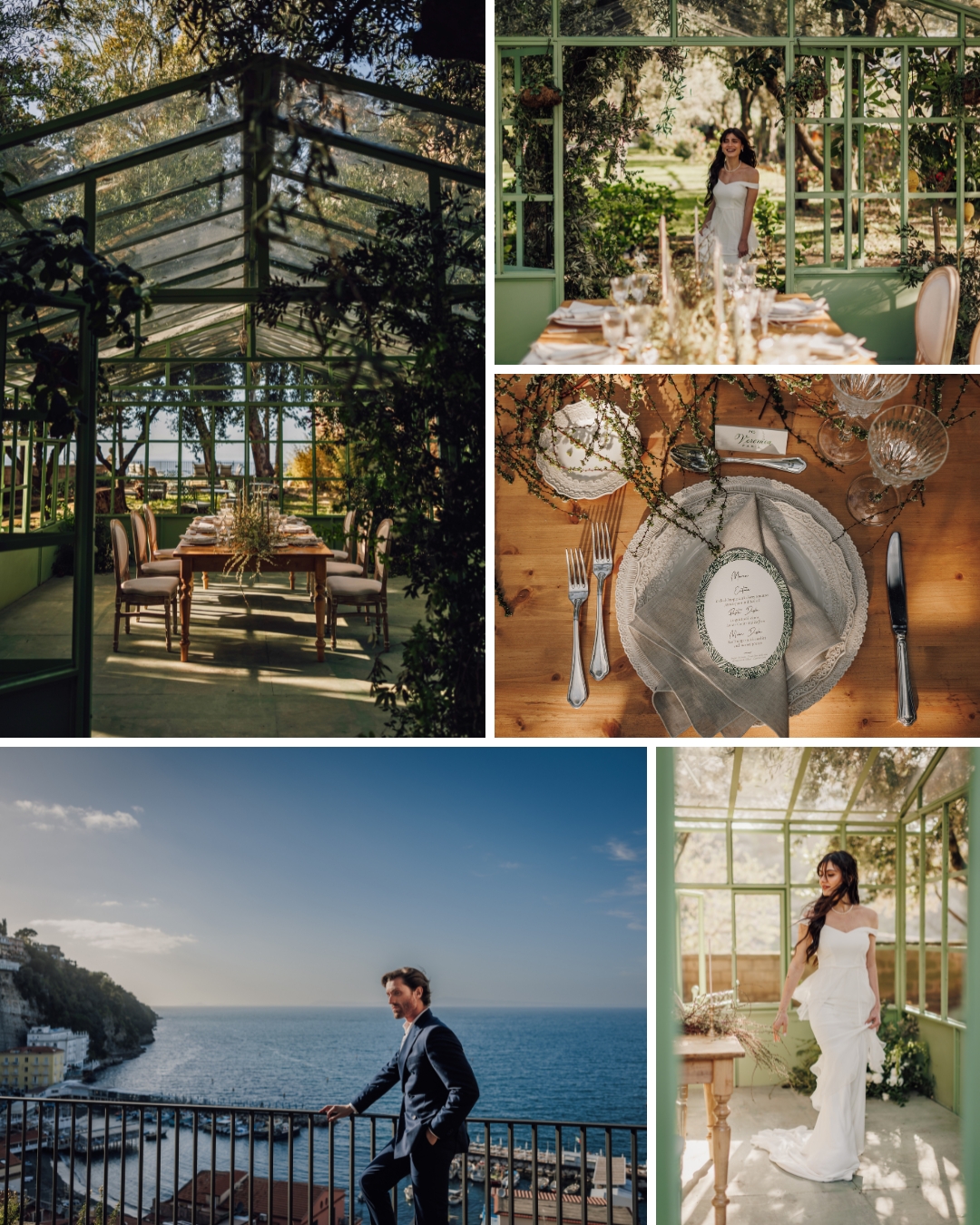 A collage of a wedding venue featuring a glass house, bride, groom, reception setup, and coastal scenery.