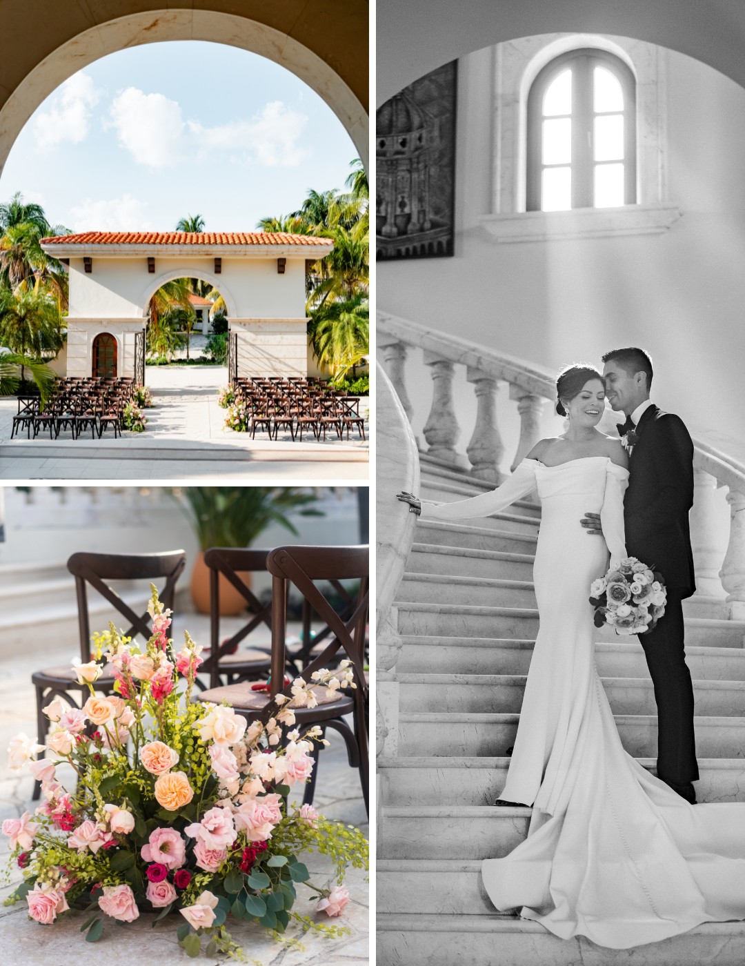 Collage of wedding scenes: an outdoor ceremony setup, a close-up of flower arrangements, and a black-and-white photograph of a bride and groom on a staircase.