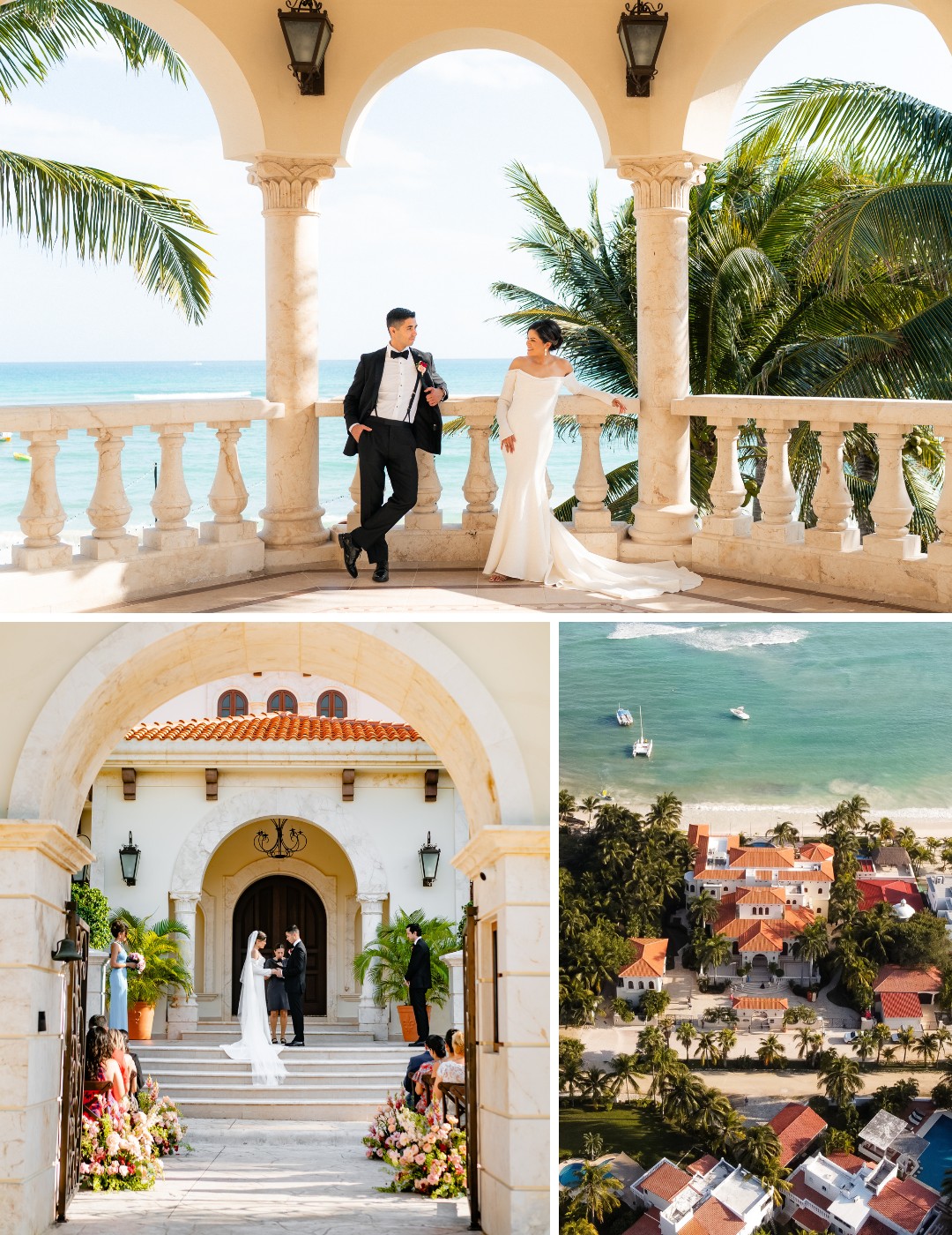 A bride and groom stand on a balcony overlooking the ocean under arched columns, exchange vows at an outdoor ceremony, and a drone view shows a coastal town with a beach in the background.