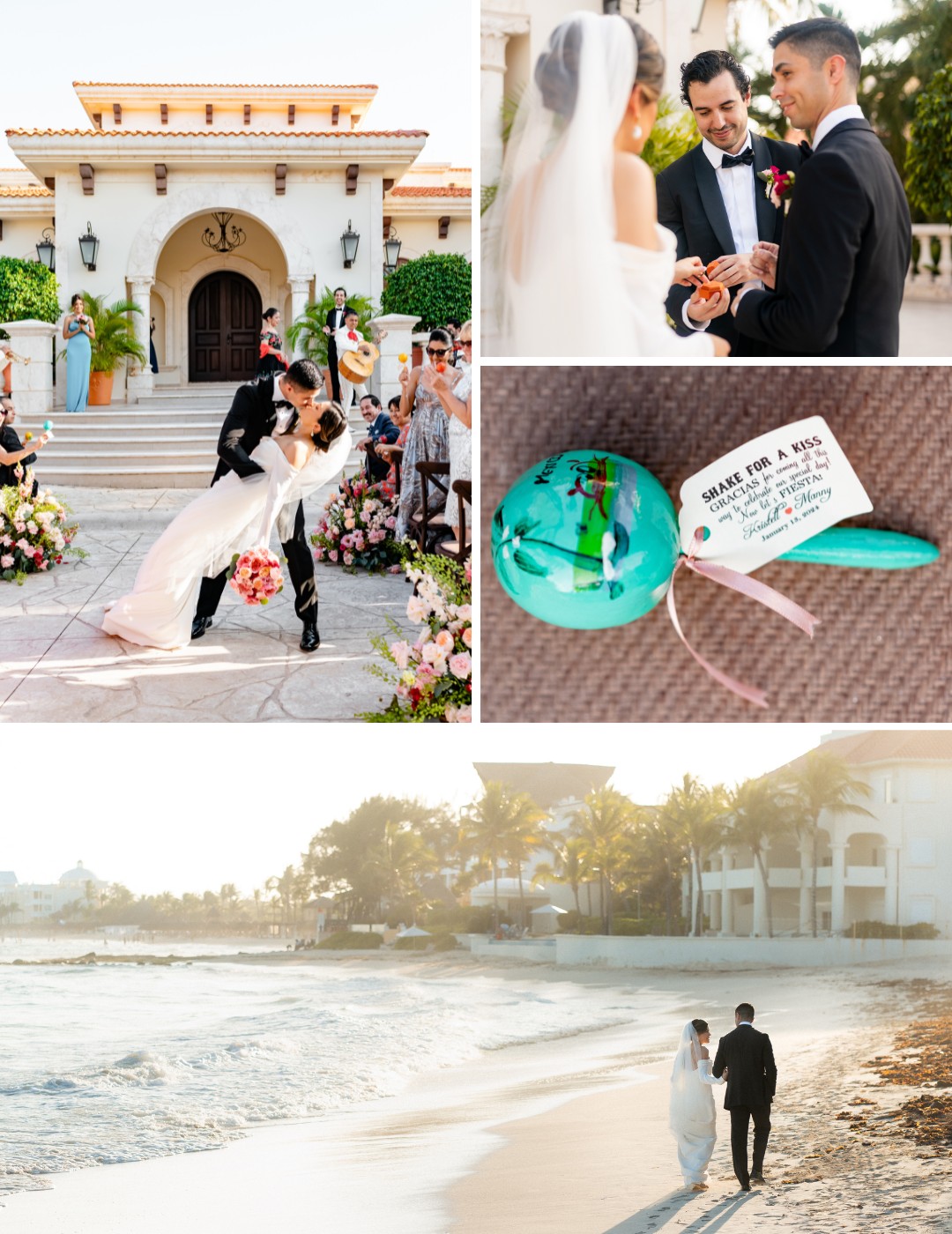 Collage of a wedding showing the ceremony, couple exchanging rings, a kiss, a painted stone with a note saying "shake for a kiss," and the couple walking on the beach.