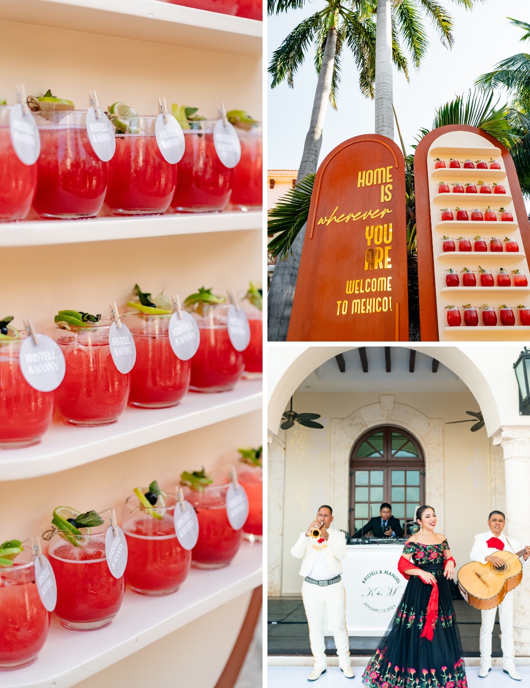 Collage of a tropical event with watermelon cocktails, a sign reading "Home is wherever you are Welcome to Mexico," and musicians performing near a DJ stand.