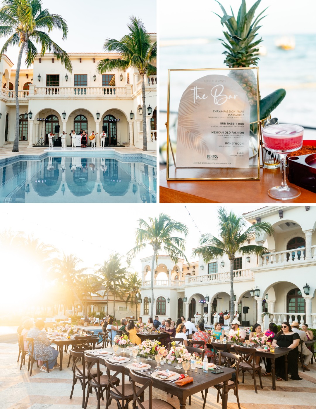 A luxurious event at a villa with a pool, an outdoor dining setup with tables under palm trees, and a bar sign listing available drinks beside a glass and a pineapple.