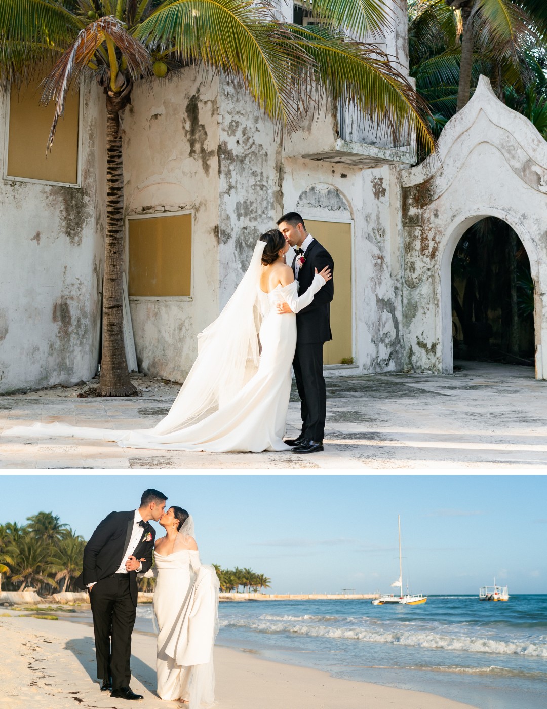 The image shows a bride and groom posing for wedding photos. The first is in front of a rustic building, and the second is on a beach with boats and a clear blue sky in the background.