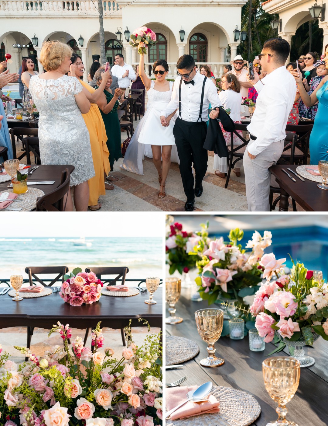 A bride and groom walk down the aisle surrounded by guests. Below, two images show elegant wedding table settings with floral arrangements and place settings.