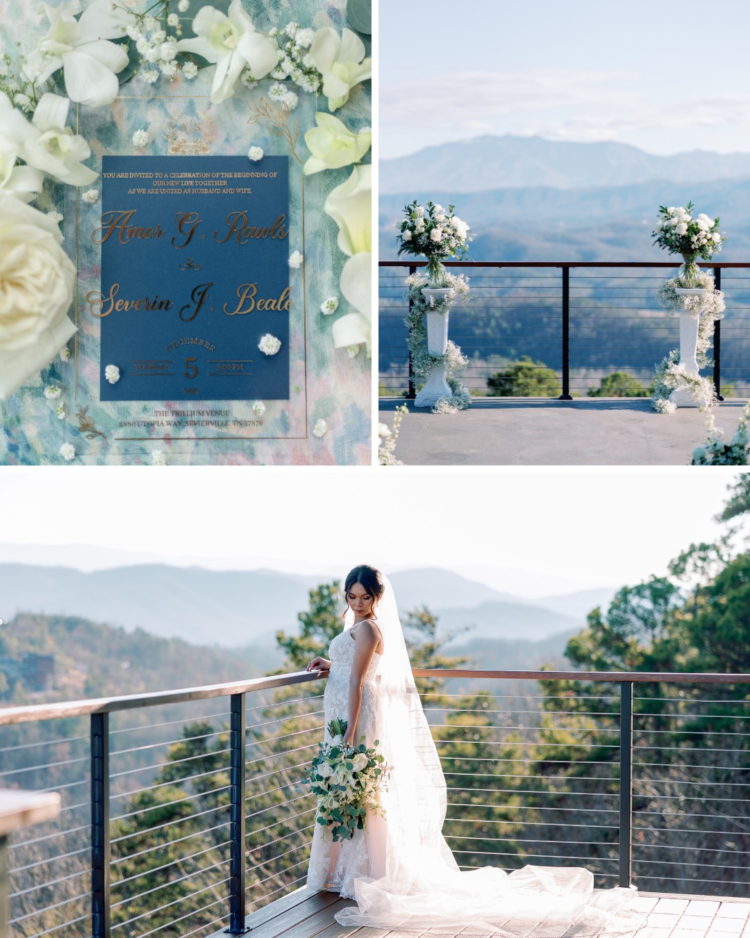 Wedding setup with an invitation surrounded by flowers, a scenic outdoor ceremony space with floral arrangements, and a bride in a gown holding a bouquet on a balcony overlooking mountains.